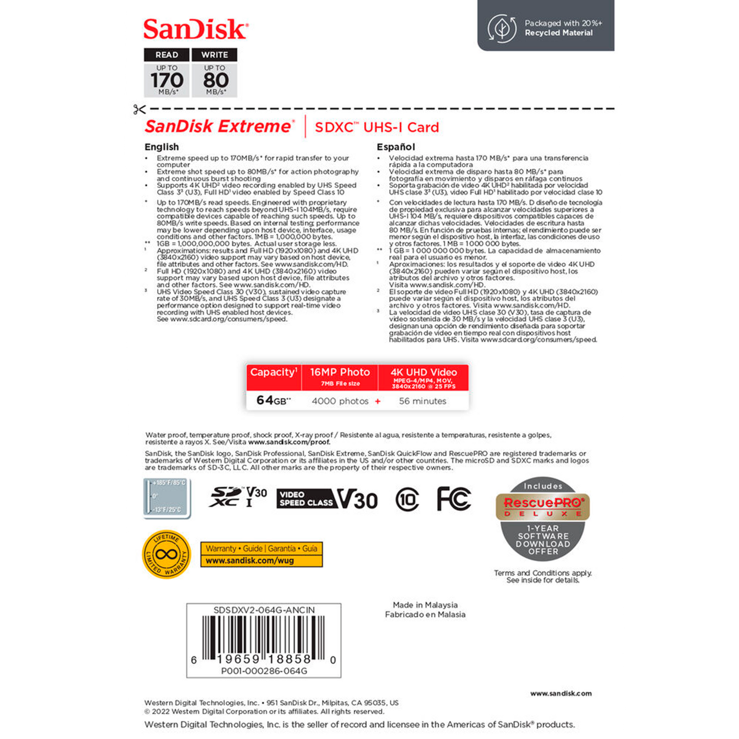 SanDisk 64GB Extreme UHS-I SDHC Memory Card