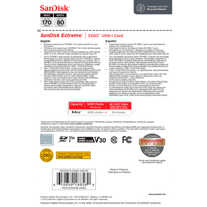 SanDisk 64GB Extreme UHS-I SDHC Memory Card