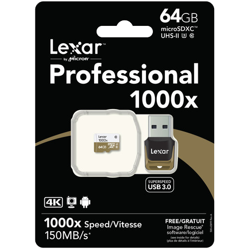 Lexar 64GB Professional 1000x microSDXC UHS-II Memory Card with USB 3.0 Card Reader