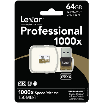 Lexar 64GB Professional 1000x microSDXC UHS-II Memory Card with USB 3.0 Card Reader