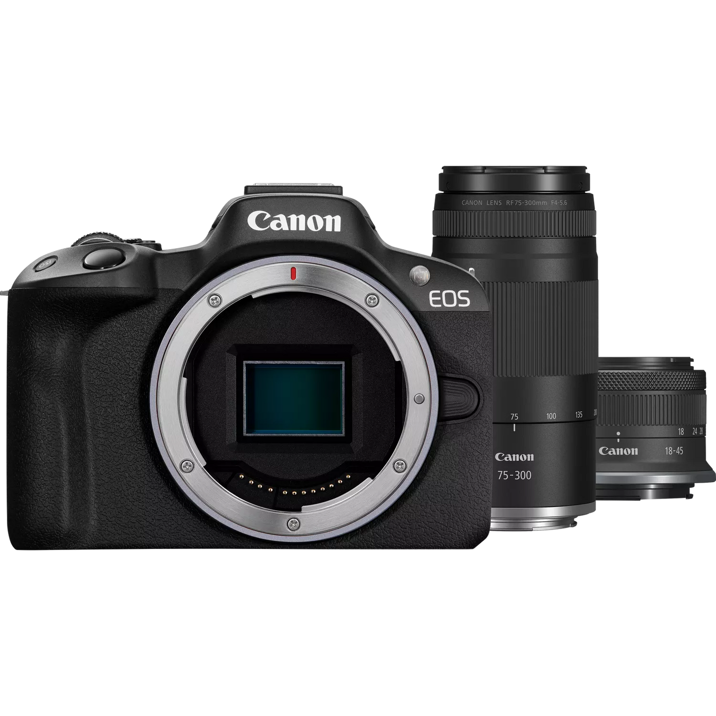 Canon EOS R50 Mirrorless Camera, Black + RF-S 18-45mm F4.5-6.3 IS STM Lens + RF 75-300mm F4-5.6 Lens