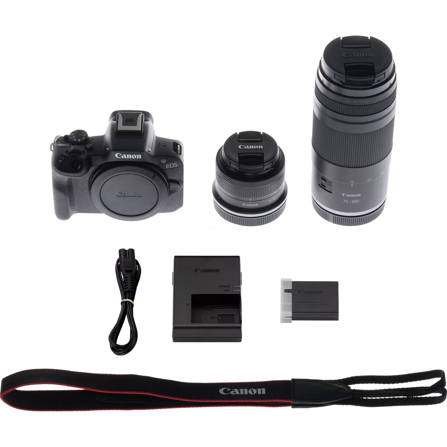 Canon EOS R50 Mirrorless Camera, Black + RF-S 18-45mm F4.5-6.3 IS STM Lens + RF 75-300mm F4-5.6 Lens